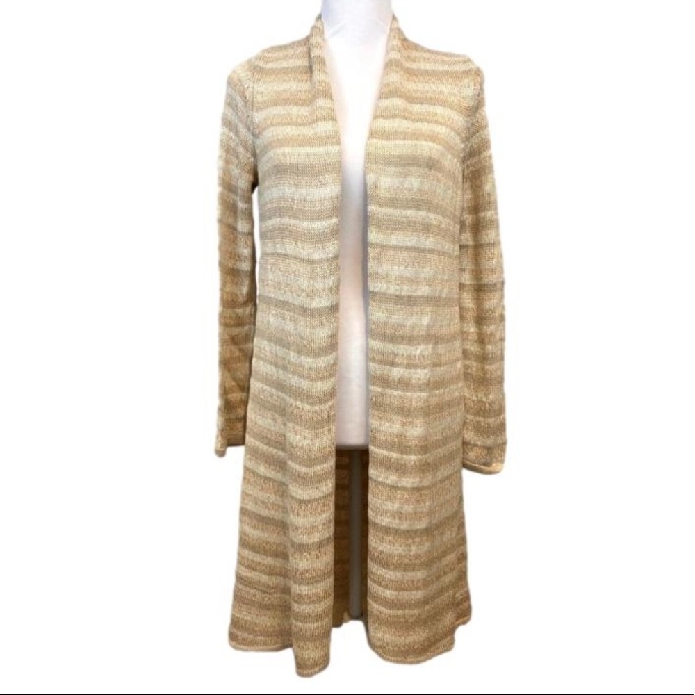 Chico’s Striped White Gold Beige Long Sweater